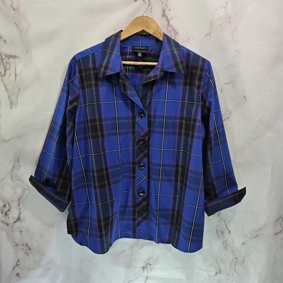 Foxcroft Shirt Women 18W Blue Black Gold Scotch Button Wrinkle Free Shaped Cuff - Picture 1 of 13